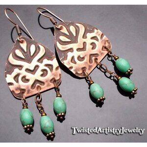 Turquoise and Embossed Copper Arched Chandelier Earrings